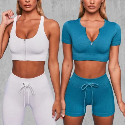 Sy-3010 Abbigliamento sportivo da yoga a costine all'ingrosso Abbigliamento casual da 4 pezzi Set da allenamento senza cuciture Abbigliamento da palestra per yoga per donna