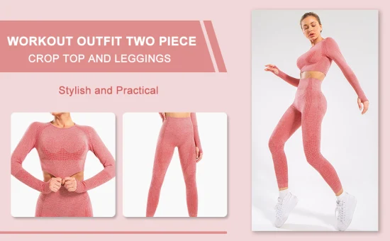 Set da 2 pezzi senza cuciture da donna, elasticizzati di supporto, per allenamento, palestra, corsa, abbigliamento super morbido a maniche lunghe, top corto e leggings a vita alta, abbigliamento sportivo casual per l'autunno